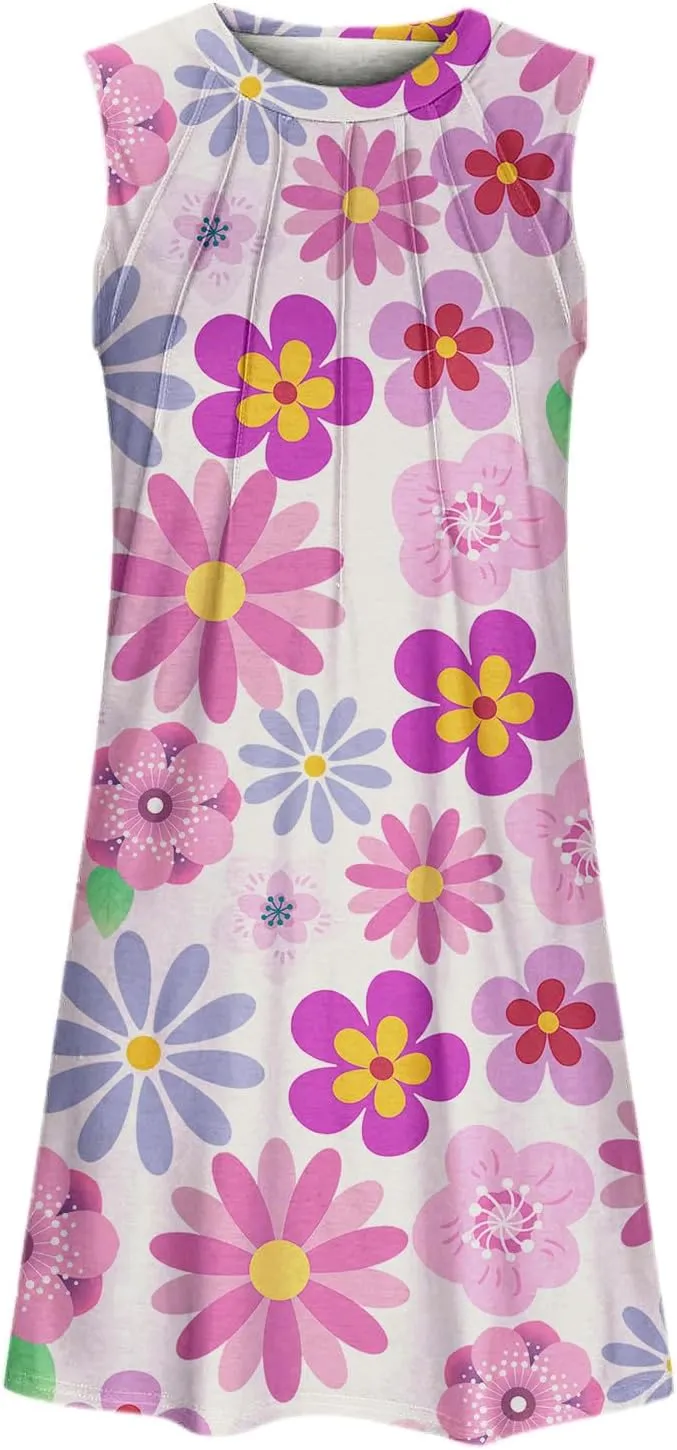 Tank Mini Dress for Women Casual Loose Sleeveless Crewneck Floral Dresses Beach Summer Vacation Short Sundress