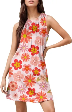 Tank Mini Dress for Women Casual Loose Sleeveless Crewneck Floral Dresses Beach Summer Vacation Short Sundress