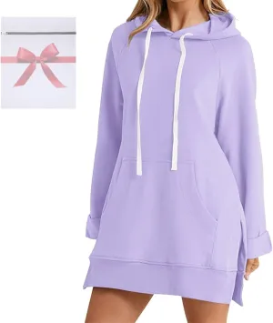 The Warmy Oversized Hoodie Dress for Womens Long Sleeve Split Hem Drawstring Midi Dress Pullover Hoodies with Pocket