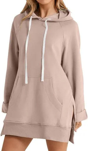 The Warmy Oversized Hoodie Dress Women, Split Hem Sweatshirt, First Ones Women's Long Sleeve Pullover with Pockets
