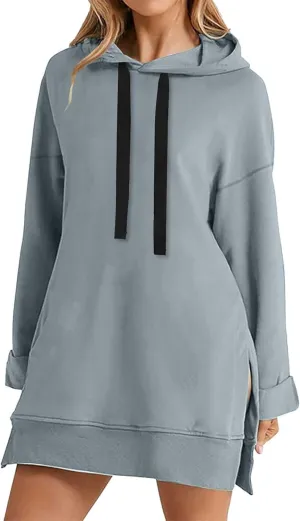 The Warmy Oversized Hoodie,Casual Oversized Hoodie Dress For Women Pullover Long Sweatshirt Split Hem With Pockets