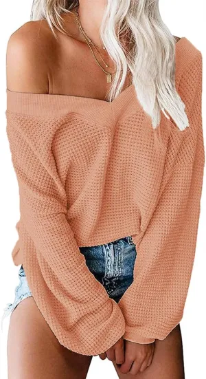 Tobrief Women's V Neck Long Sleeve Waffle Knit Tops Off Shoulder Oversized Pullover Sweater