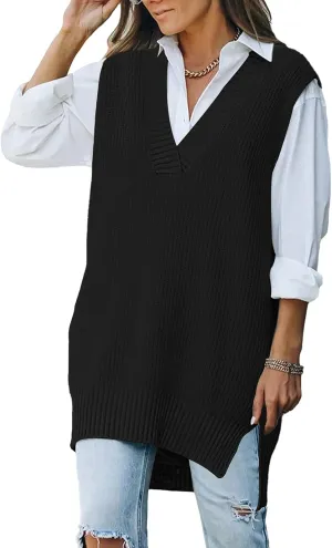 TOLENY Women V Neck Sweater Vest Tops Oversized Sleeveless Tunic Pullover Knitted Tops