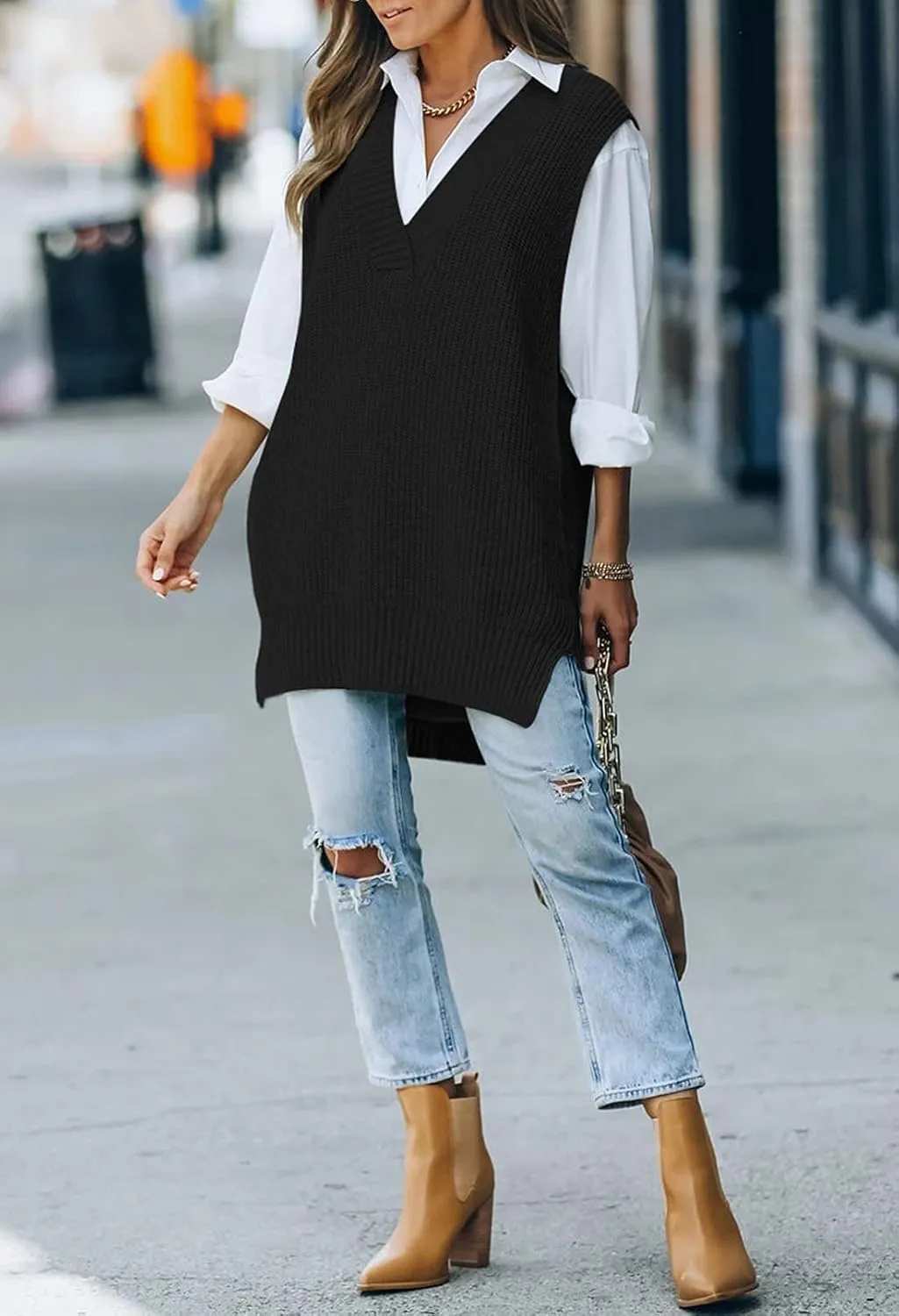 TOLENY Women V Neck Sweater Vest Tops Oversized Sleeveless Tunic Pullover Knitted Tops