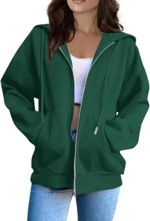 Tops for Women Zip Up Hooded Sweatshirt Ladies Solid Color Long Sleeve Casual Loose Lightweight Jacket with Pockets