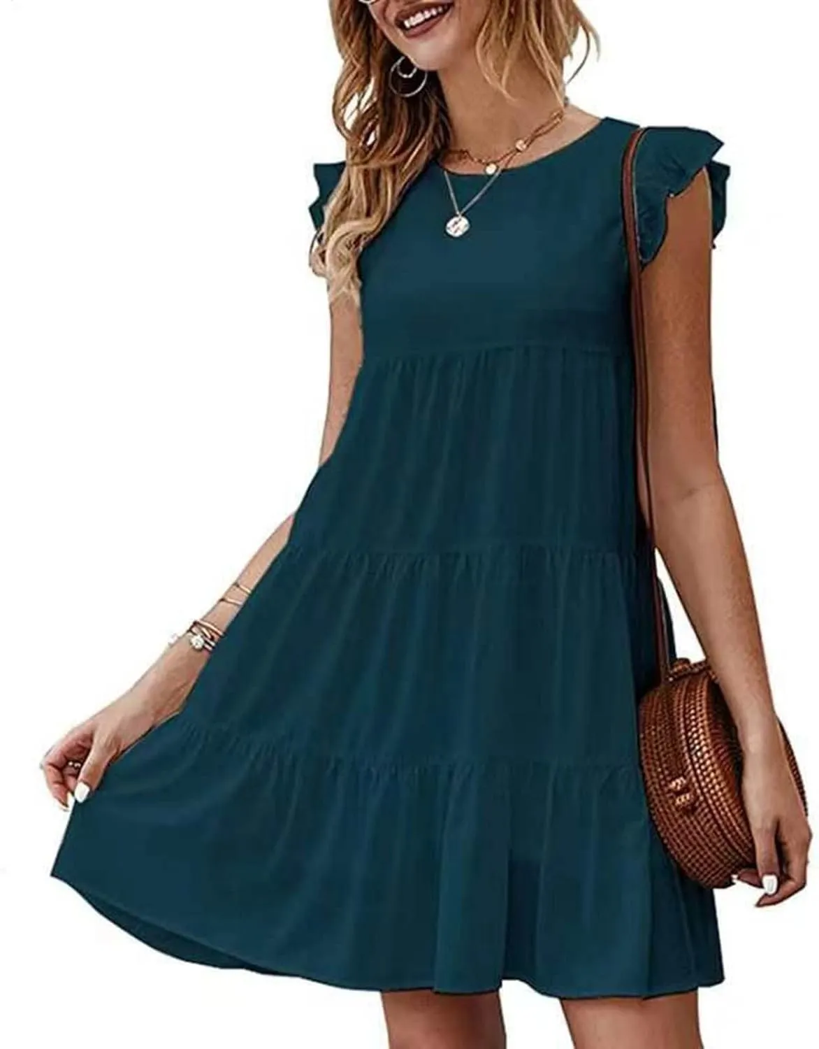 TUNUSKAT Womens Summer Mini Dresses Sleeveless Ruffle Sleeve Round Neck Tunic Dress Solid Loose Flowy Pleated Babydoll Dress