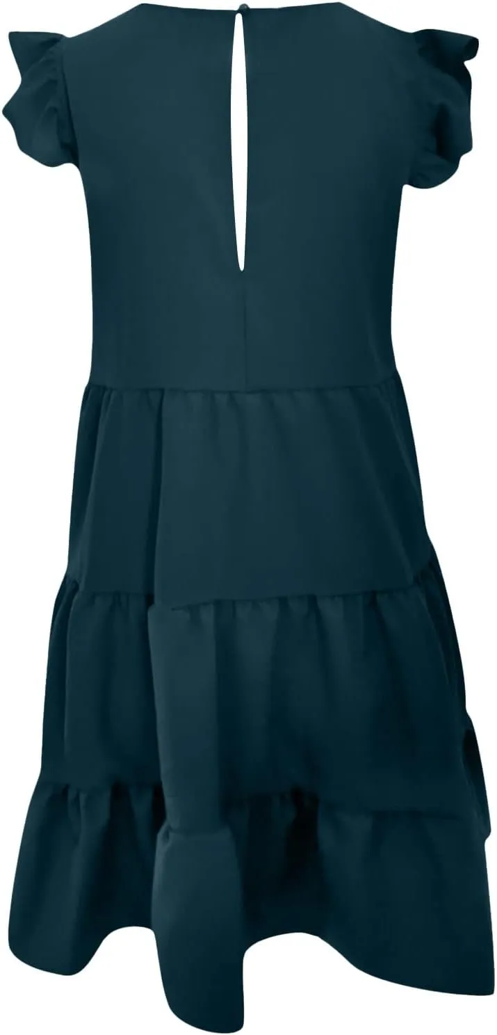TUNUSKAT Womens Summer Mini Dresses Sleeveless Ruffle Sleeve Round Neck Tunic Dress Solid Loose Flowy Pleated Babydoll Dress