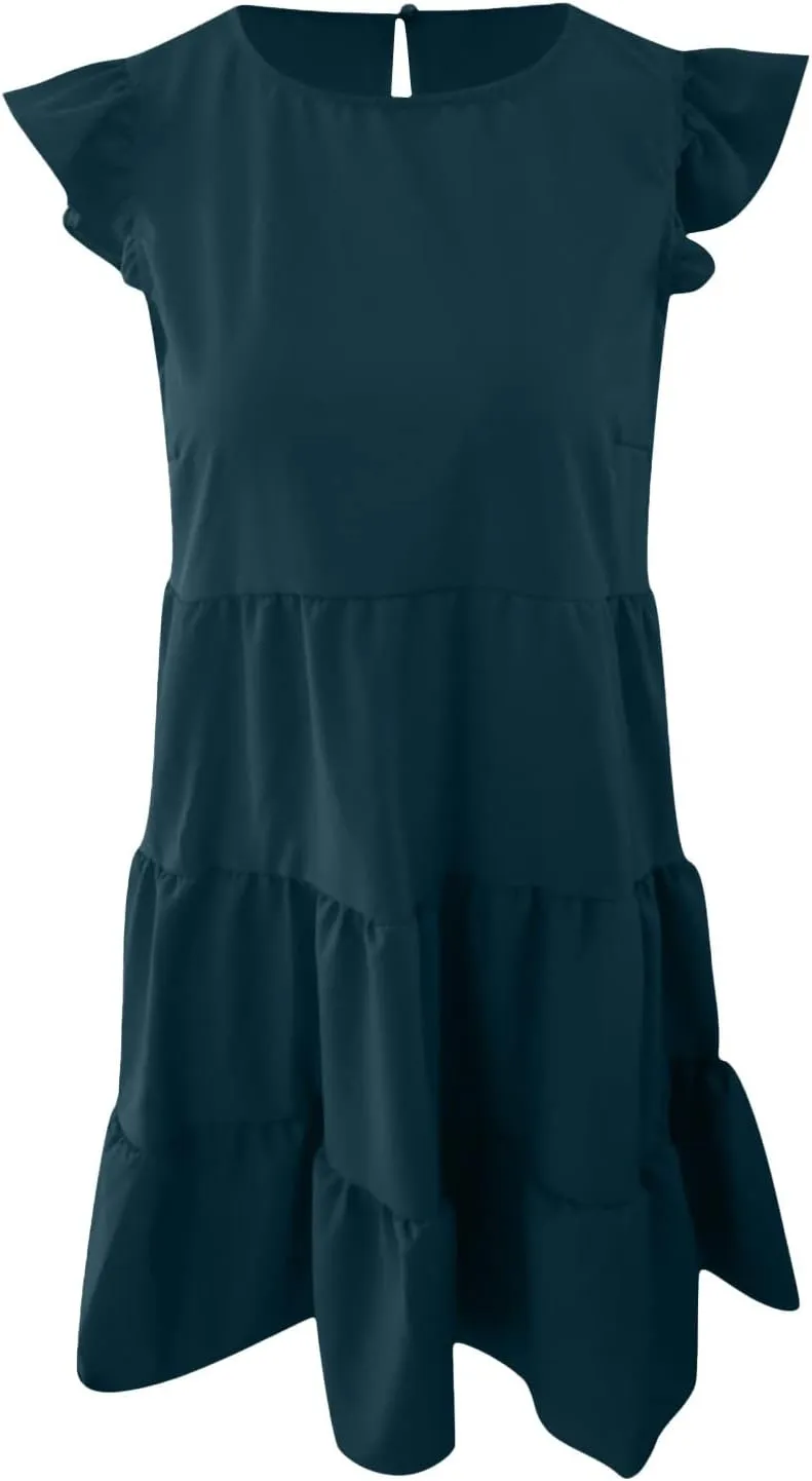 TUNUSKAT Womens Summer Mini Dresses Sleeveless Ruffle Sleeve Round Neck Tunic Dress Solid Loose Flowy Pleated Babydoll Dress