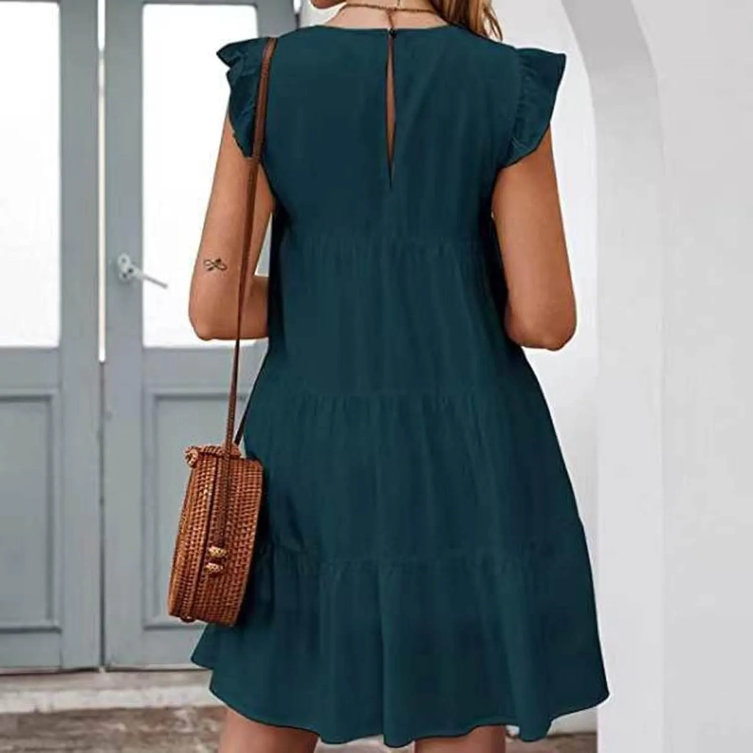 TUNUSKAT Womens Summer Mini Dresses Sleeveless Ruffle Sleeve Round Neck Tunic Dress Solid Loose Flowy Pleated Babydoll Dress