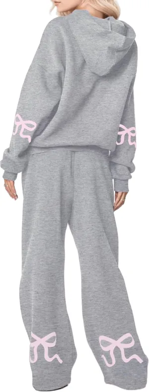 Two Piece Outfits Bow Graphic Print Hoodie Sweatpants Set Oversized Sweatshirt and High Waist Sweatpants Tracksuit