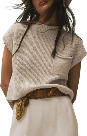 UANEO Sweater Vest Women Mock Neck Casual Cropped Knit Pullover Cap Sleeve Sweater for Women Top Spring