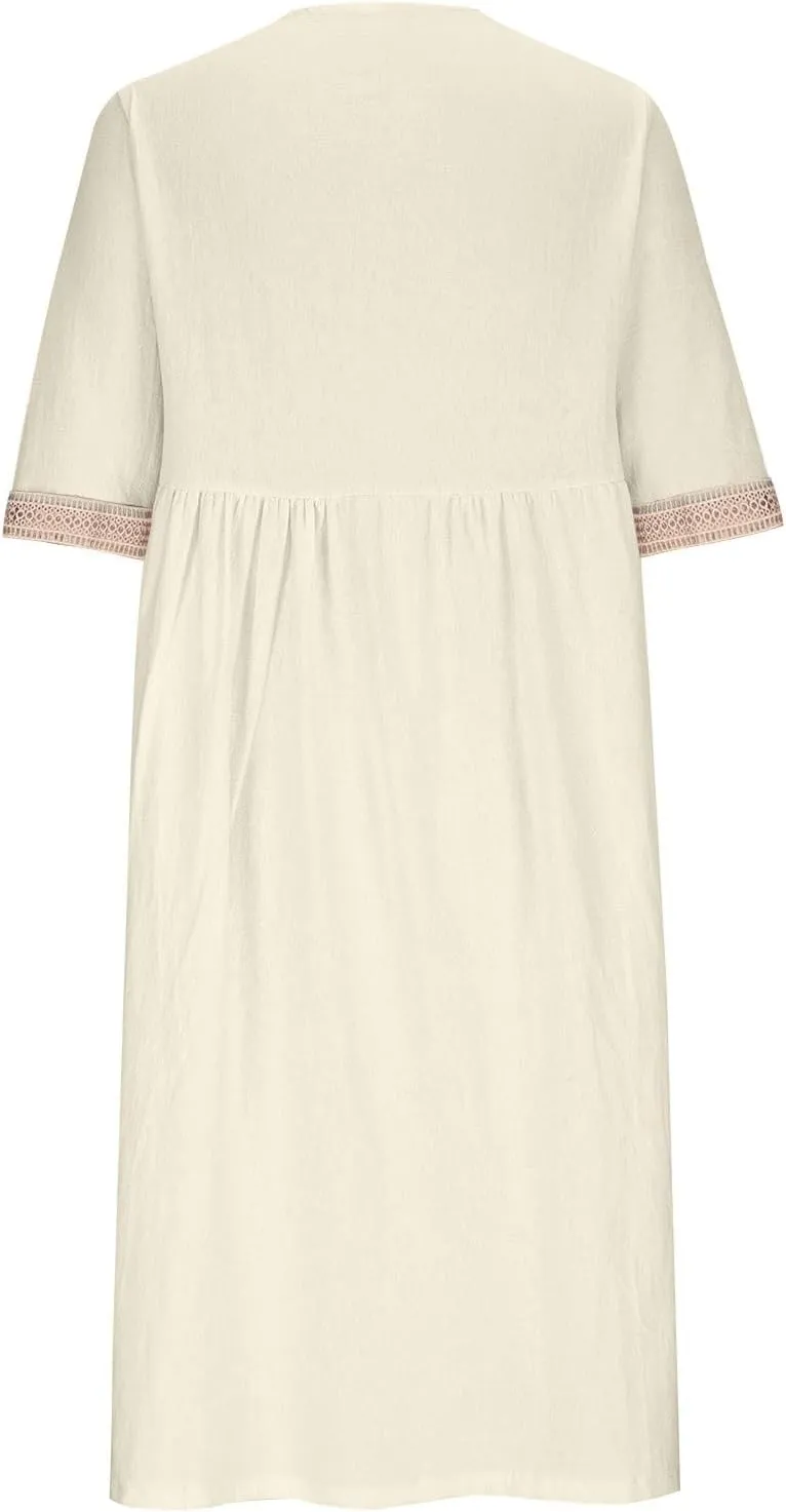 V Neck Eyelet Dress Womens Cotton Linen Casual Loose Petite A-line Midi Tshirt Dresses Summer Beach Vacation Sundress