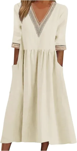 V Neck Eyelet Dress Womens Cotton Linen Casual Loose Petite A-line Midi Tshirt Dresses Summer Beach Vacation Sundress