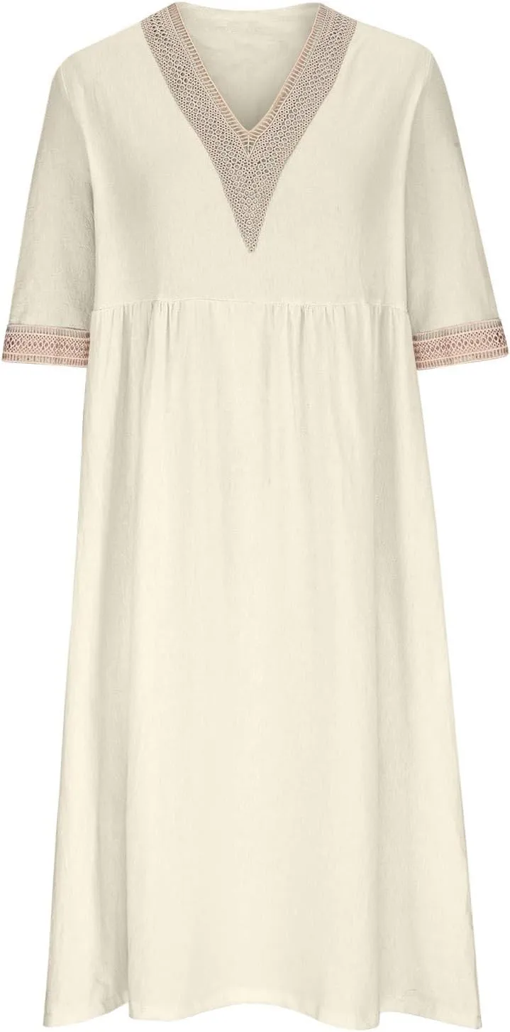 V Neck Eyelet Dress Womens Cotton Linen Casual Loose Petite A-line Midi Tshirt Dresses Summer Beach Vacation Sundress