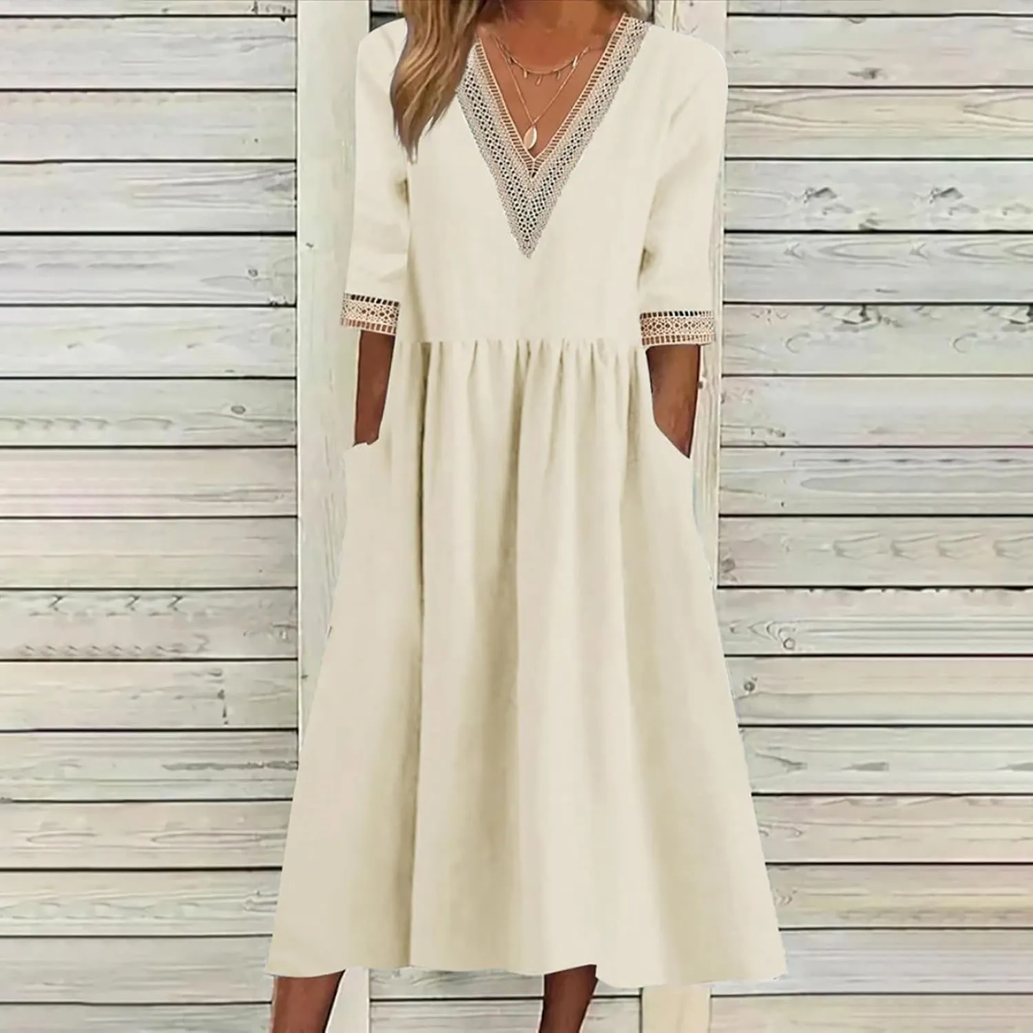 V Neck Eyelet Dress Womens Cotton Linen Casual Loose Petite A-line Midi Tshirt Dresses Summer Beach Vacation Sundress