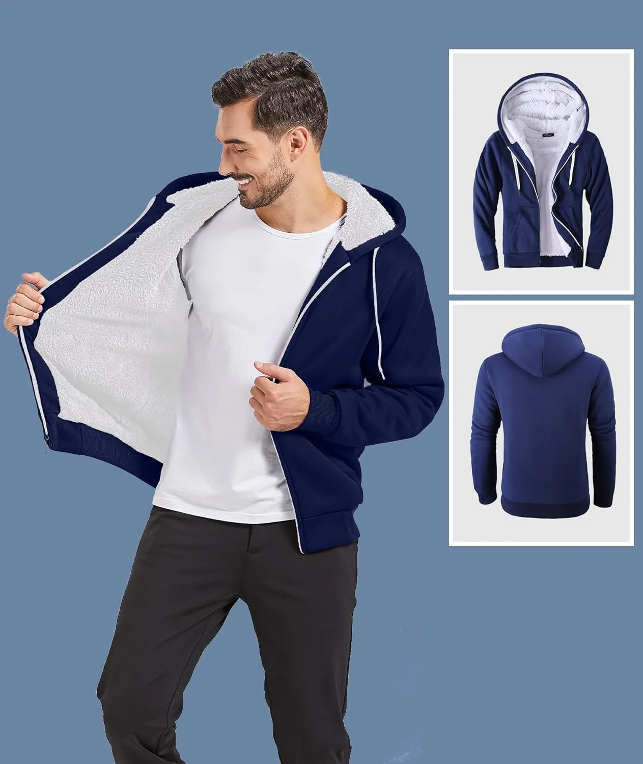 V VALANCH Men Hoodie Zip Up Winter Sherpa Lined Sweatshirt Heavyweight Thick Warm Fleece Jacket