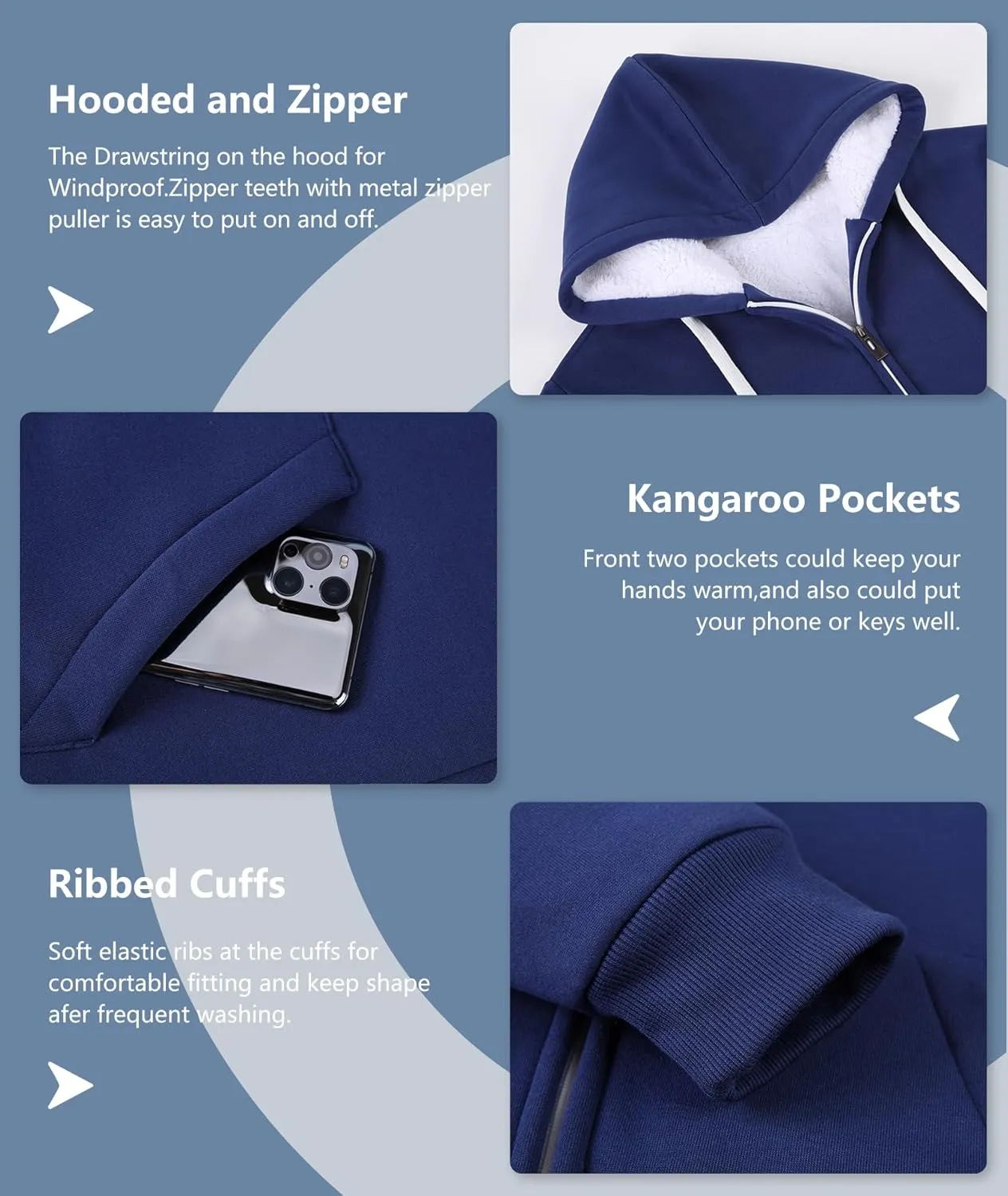 V VALANCH Men Hoodie Zip Up Winter Sherpa Lined Sweatshirt Heavyweight Thick Warm Fleece Jacket