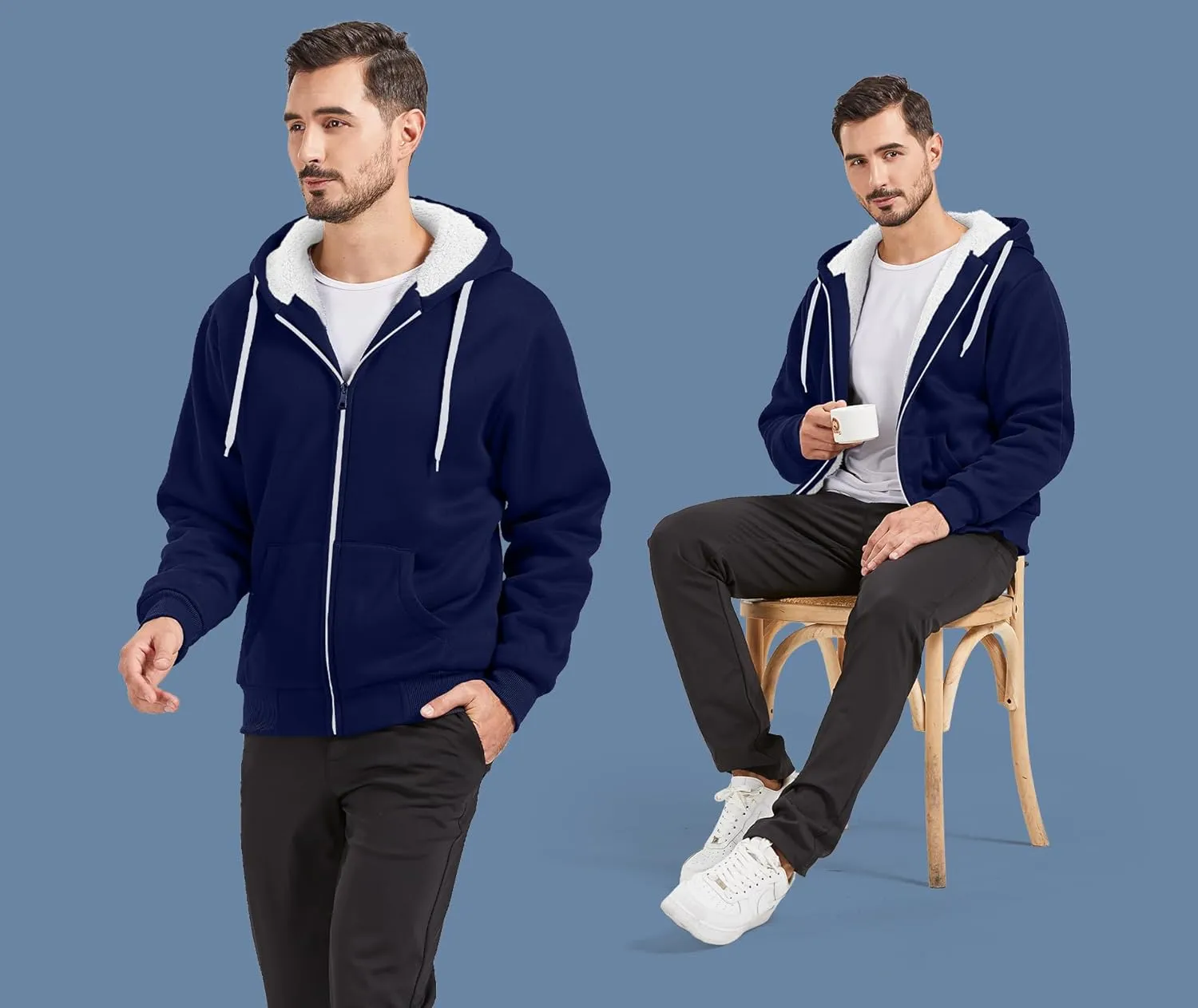 V VALANCH Men Hoodie Zip Up Winter Sherpa Lined Sweatshirt Heavyweight Thick Warm Fleece Jacket