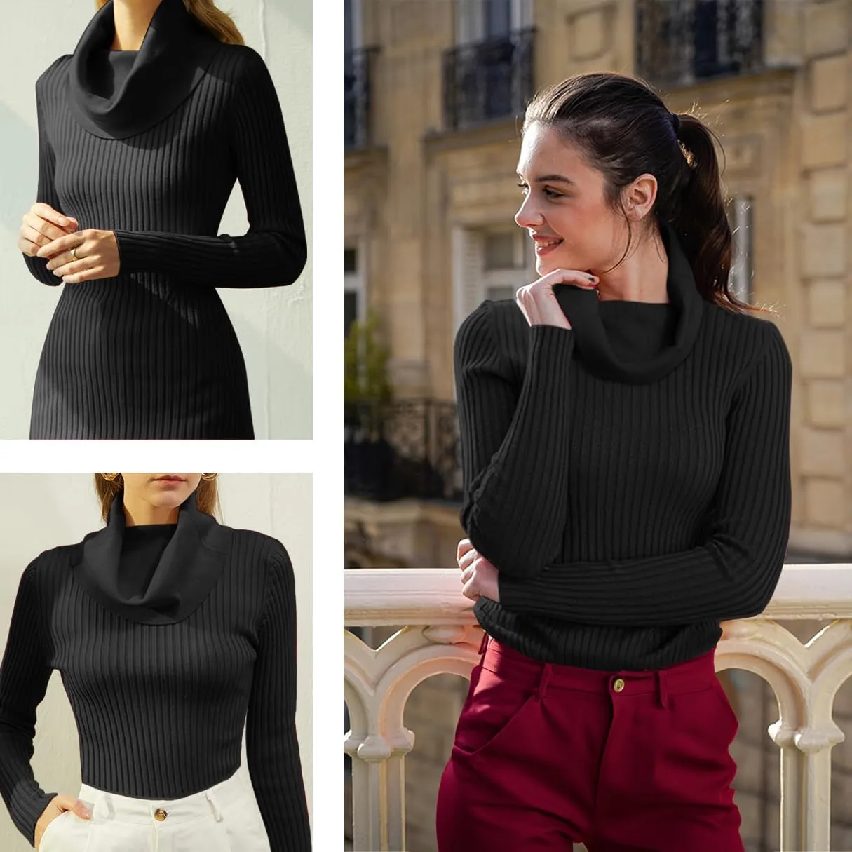 v28 Womens Stretchable Cowl Neck Knit Long Sleeve Slim Fit Bodycon Sexy Sweater