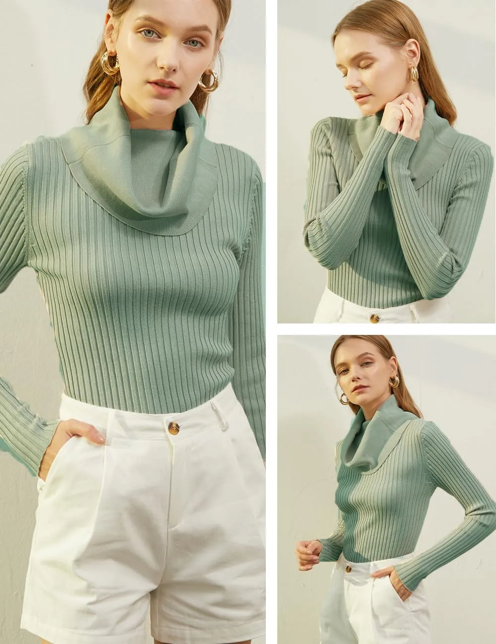 v28 Womens Stretchable Cowl Neck Knit Long Sleeve Slim Fit Bodycon Sexy Sweater