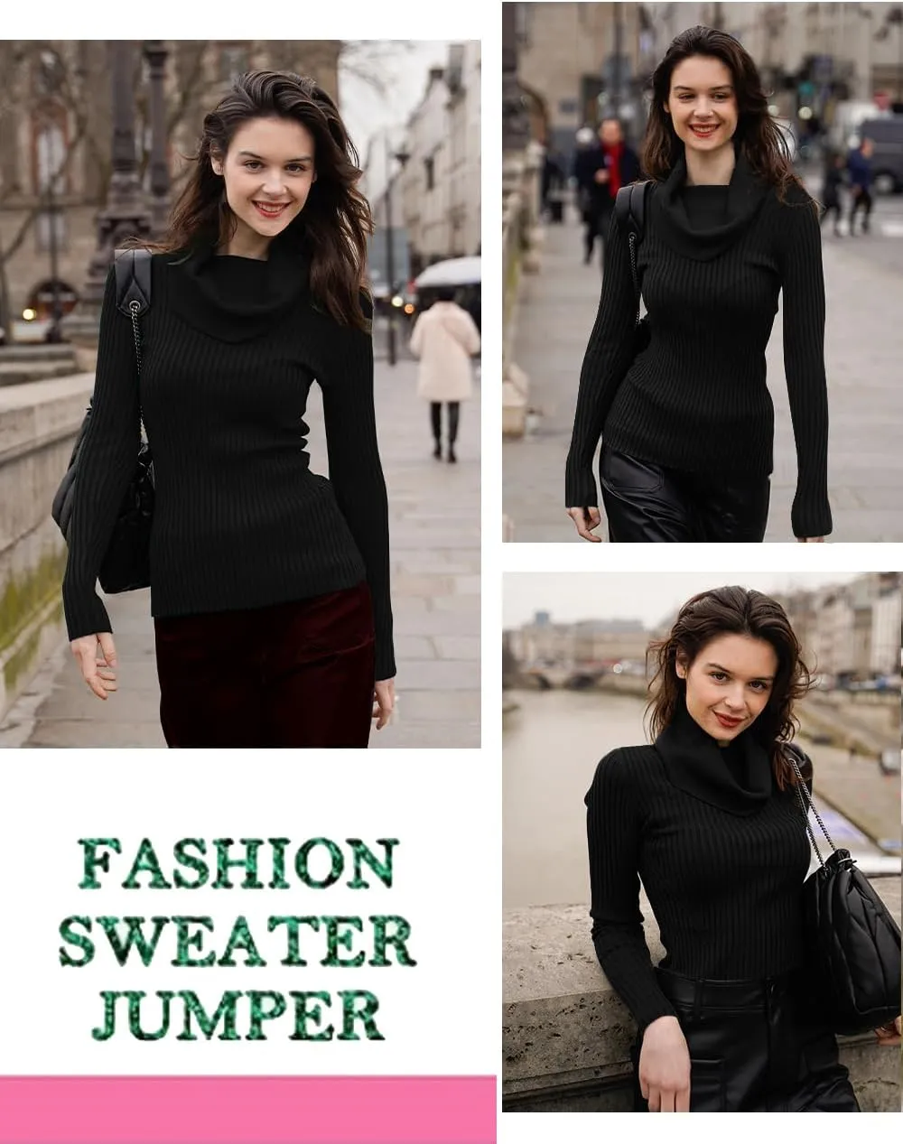 v28 Womens Stretchable Cowl Neck Knit Long Sleeve Slim Fit Bodycon Sexy Sweater