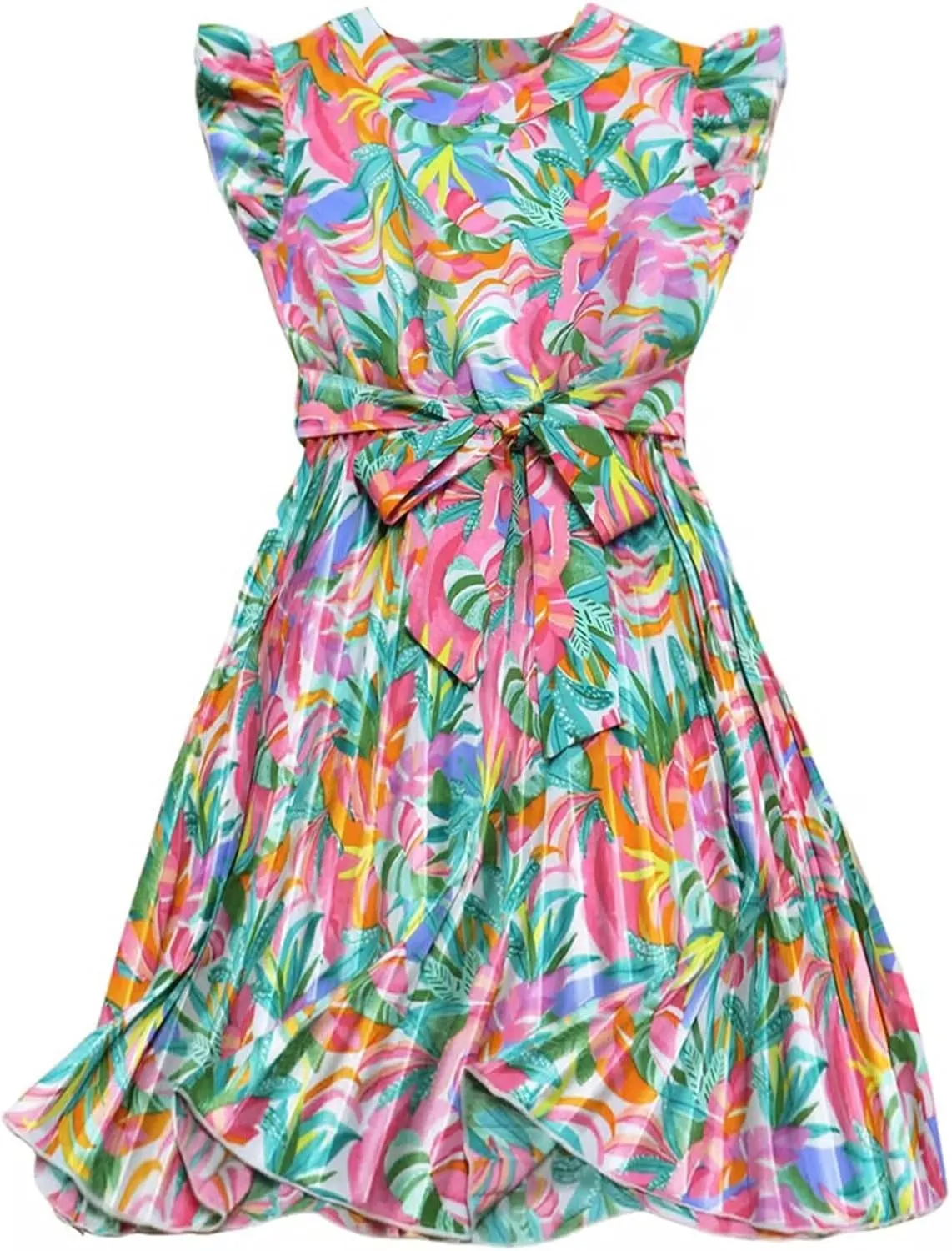 Vacation Dress for Women Boho Floral Print Ruffle Sleeveless A-Line Flowy Swing Belted Waist Beach Party Dresses