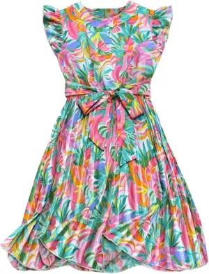 Vacation Dress for Women Boho Floral Print Ruffle Sleeveless A-Line Flowy Swing Belted Waist Beach Party Dresses