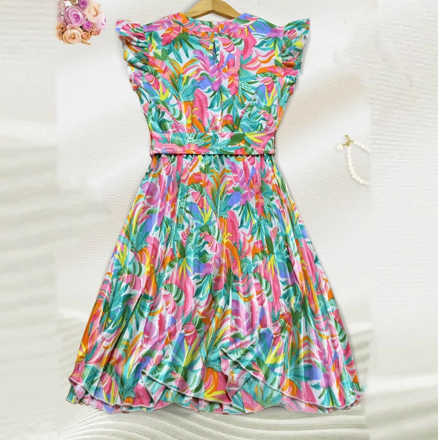 Vacation Dress for Women Boho Floral Print Ruffle Sleeveless A-Line Flowy Swing Belted Waist Beach Party Dresses