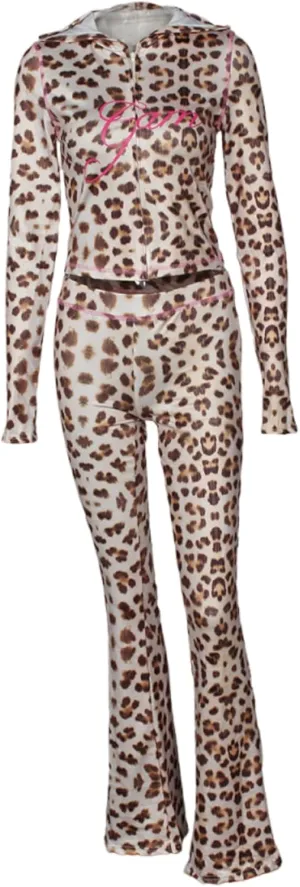 Vhitler 2 Piece Leopard Track Suits Y2k Zip Up Hoodie Flared Pants Set Cheetah Print Hoodie Women Streetwear 2000s