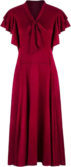 Vijiv Women's Vintage 1920s V Neck Long Bias Cut Sleeveless with Flutter Sleeves Bowknot Flapper Dress