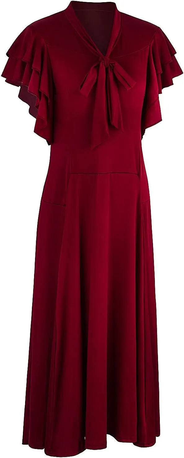 Vijiv Women's Vintage 1920s V Neck Long Bias Cut Sleeveless with Flutter Sleeves Bowknot Flapper Dress