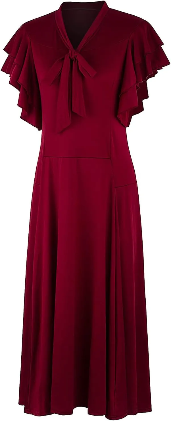 Vijiv Women's Vintage 1920s V Neck Long Bias Cut Sleeveless with Flutter Sleeves Bowknot Flapper Dress