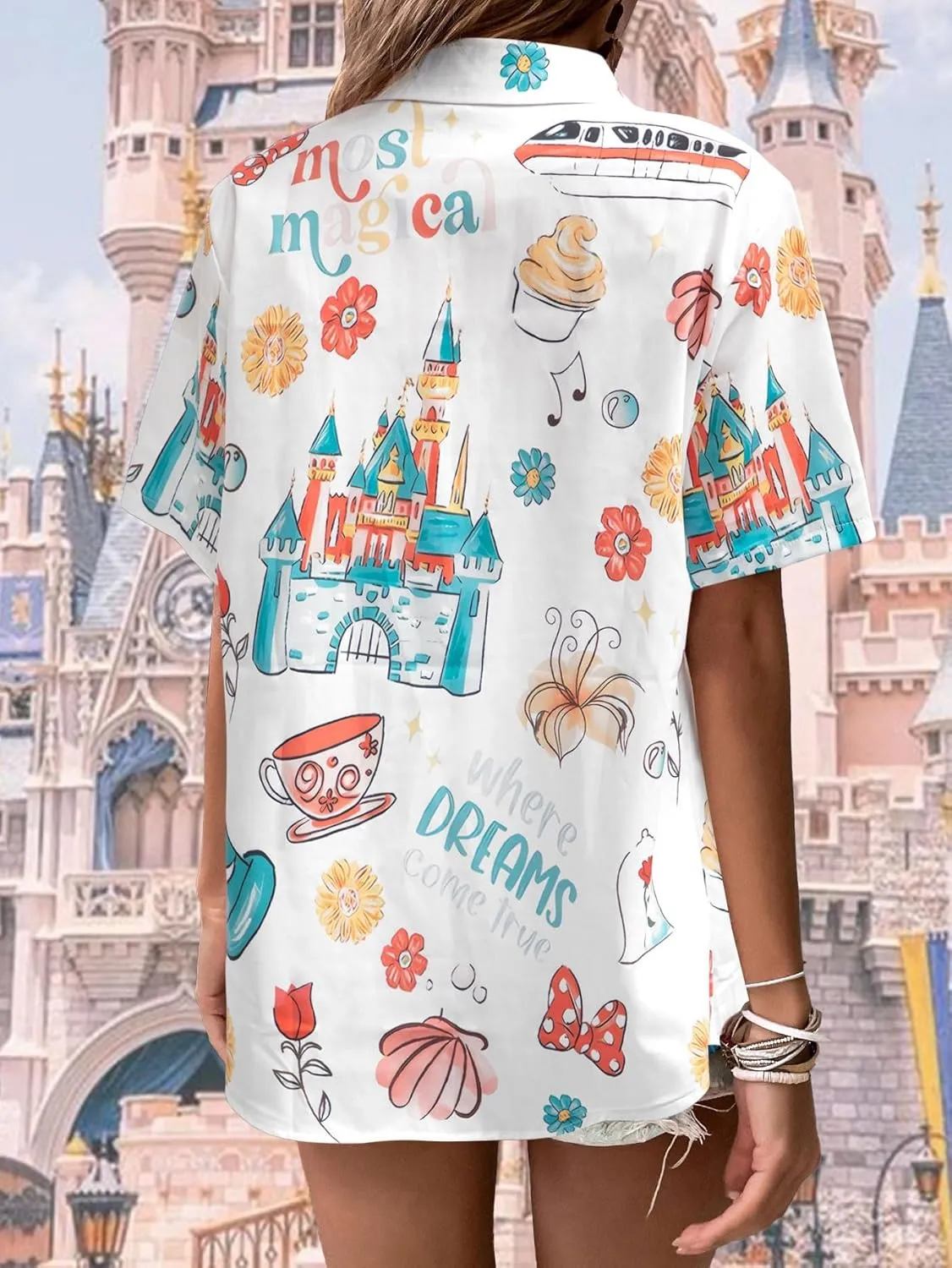 VILOVE Magical Shirt for Women Magic Hawaiian Shirts Princess Tshirt Funny Castle Graphic Family Vacation Button Up Tops
