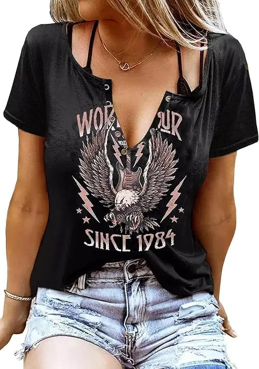 Vintage Rock Roll Concert T-Shirt Women Loose Casual Shirt Tops Funny Skeleton Eagle Graphics V Neck Short Sleeve