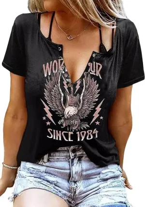 Vintage Rock Roll Concert T-Shirt Women Loose Casual Shirt Tops Funny Skeleton Eagle Graphics V Neck Short Sleeve