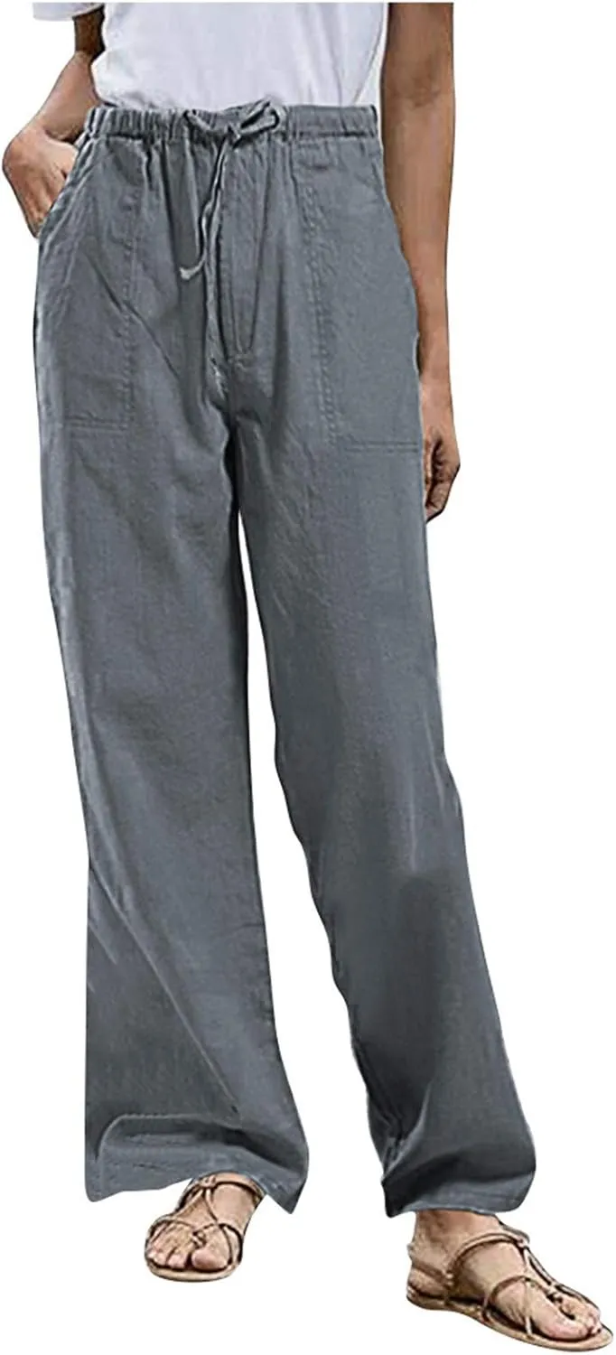 Wide Leg Pants for Women Summer Casual Cotton Linen Baggy Pant Elastic Waist Long Comfy Trousers with Pockets