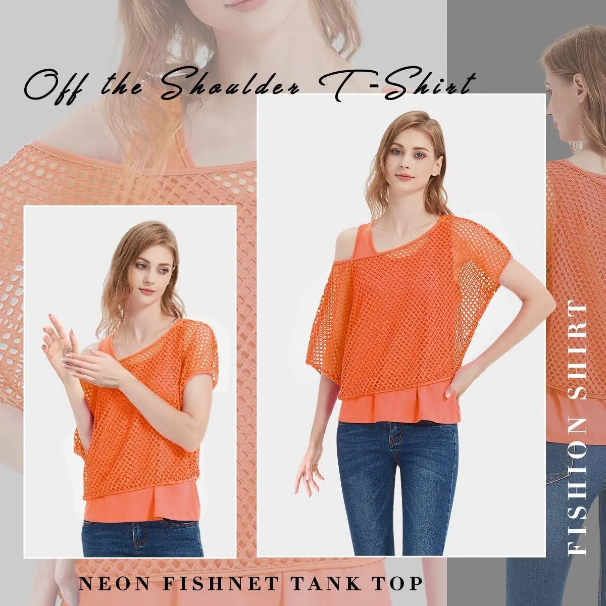 WILDPARTY Women's Casual Sexy Off Shoulder T-Shirt, 80s 90s Outfit 80's Costume Fishnet Neon Shirt Summer Short Sleeve