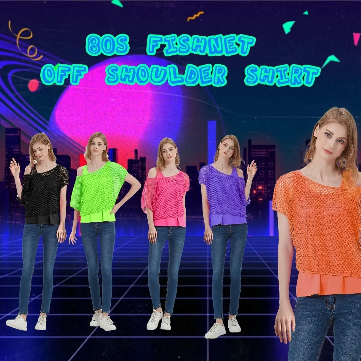 WILDPARTY Women's Casual Sexy Off Shoulder T-Shirt, 80s 90s Outfit 80's Costume Fishnet Neon Shirt Summer Short Sleeve