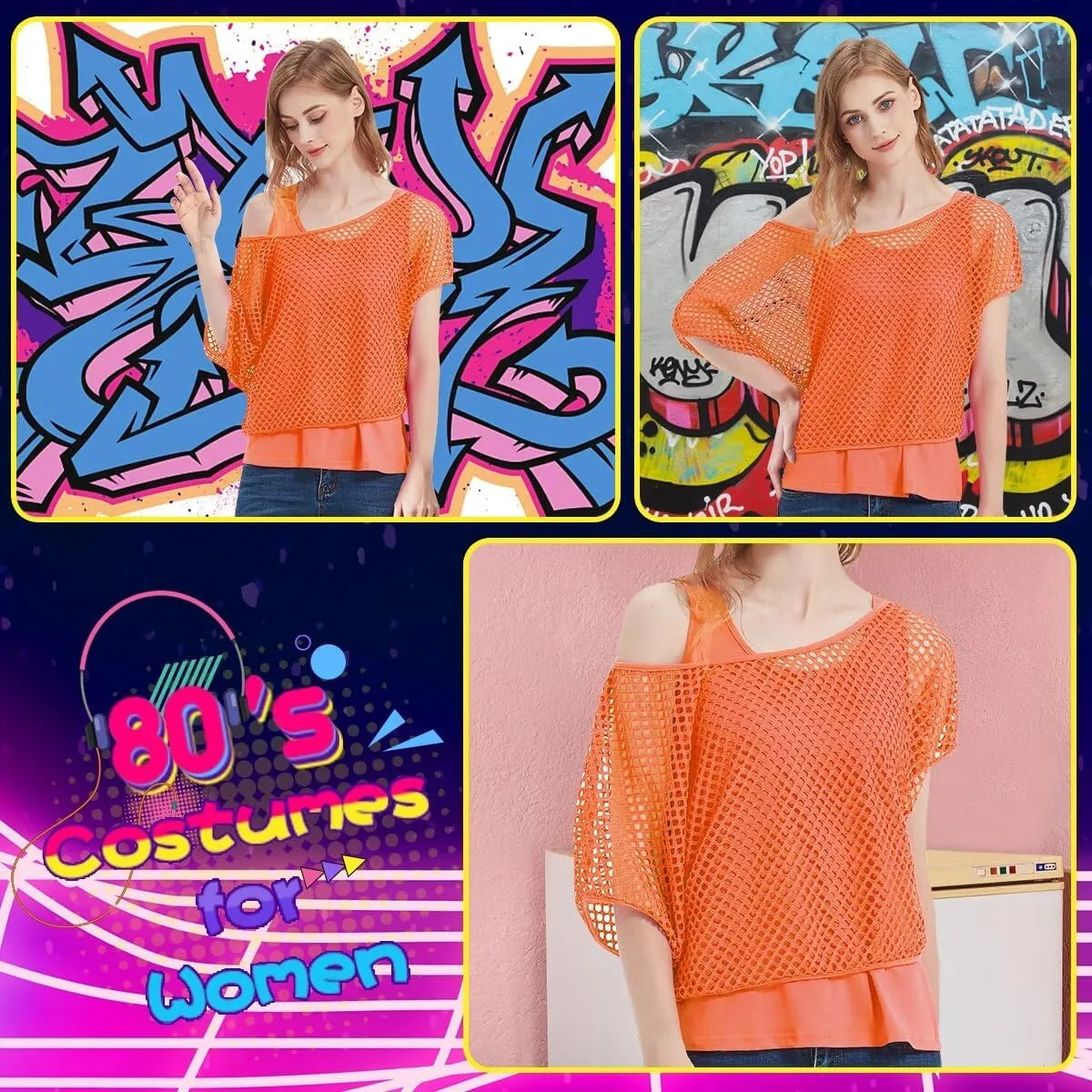 WILDPARTY Women's Casual Sexy Off Shoulder T-Shirt, 80s 90s Outfit 80's Costume Fishnet Neon Shirt Summer Short Sleeve
