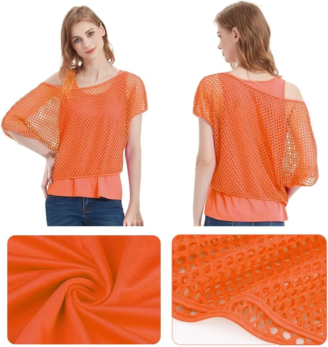 WILDPARTY Women's Casual Sexy Off Shoulder T-Shirt, 80s 90s Outfit 80's Costume Fishnet Neon Shirt Summer Short Sleeve