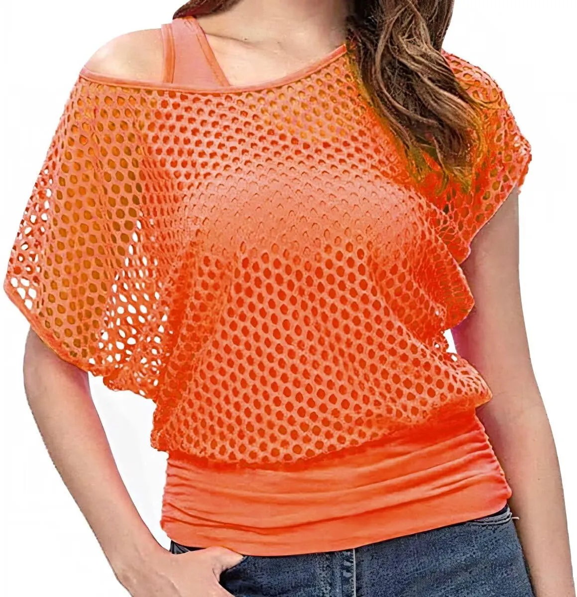 WILDPARTY Women's Casual Sexy Off Shoulder T-Shirt, 80s 90s Outfit 80's Costume Fishnet Neon Shirt Summer Short Sleeve