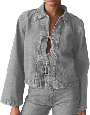 Woman Casual Open Front Denim Jacket Long Sleeves Tie Up Jeans Shirt Vintage Lapel Neck Lightweight Denim Coat