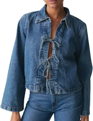 Woman Casual Open Front Denim Jacket Long Sleeves Tie Up Jeans Shirt Vintage Lapel Neck Lightweight Denim Coat