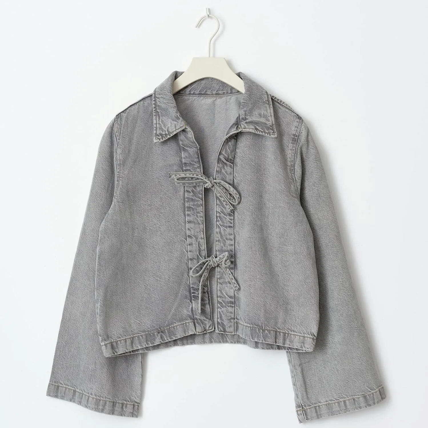 Woman Casual Open Front Denim Jacket Long Sleeves Tie Up Jeans Shirt Vintage Lapel Neck Lightweight Denim Coat