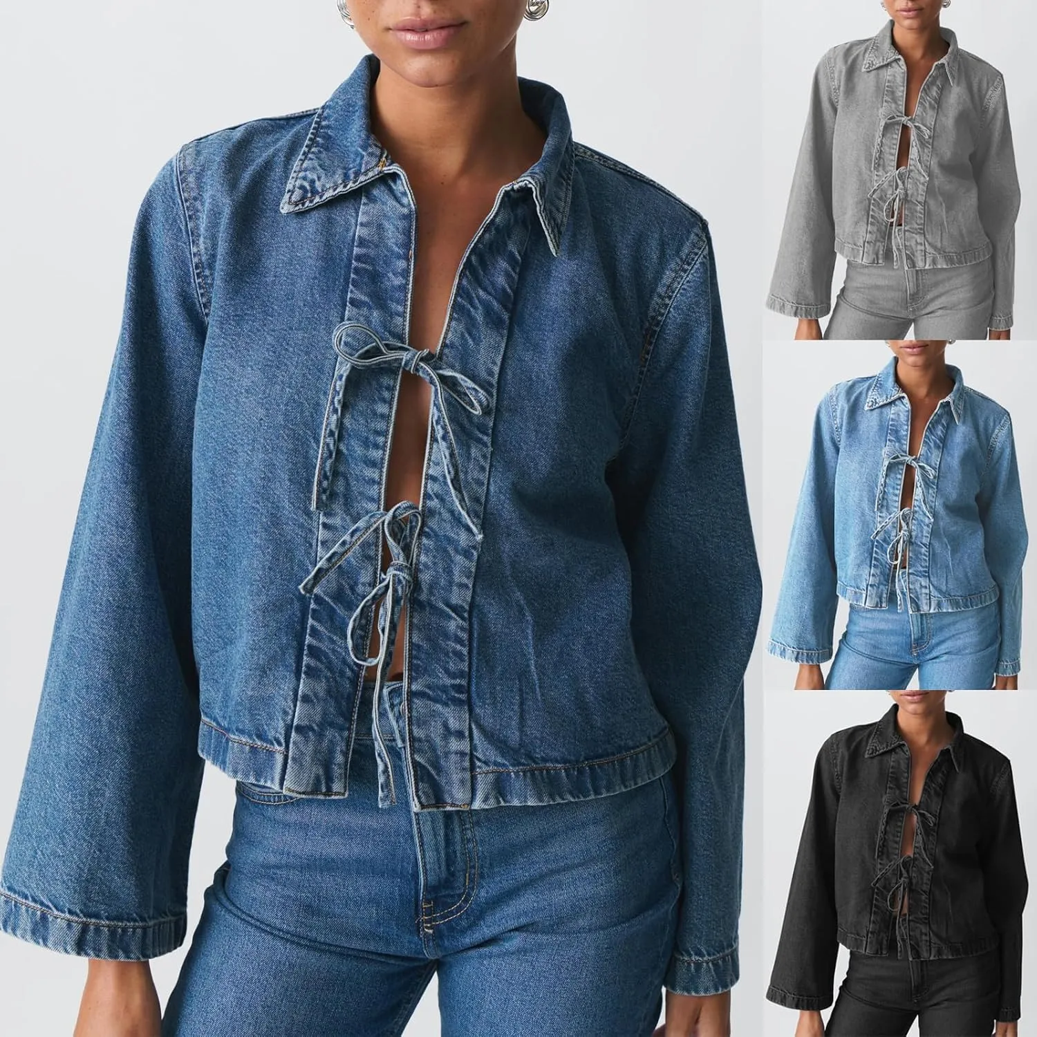 Woman Casual Open Front Denim Jacket Long Sleeves Tie Up Jeans Shirt Vintage Lapel Neck Lightweight Denim Coat