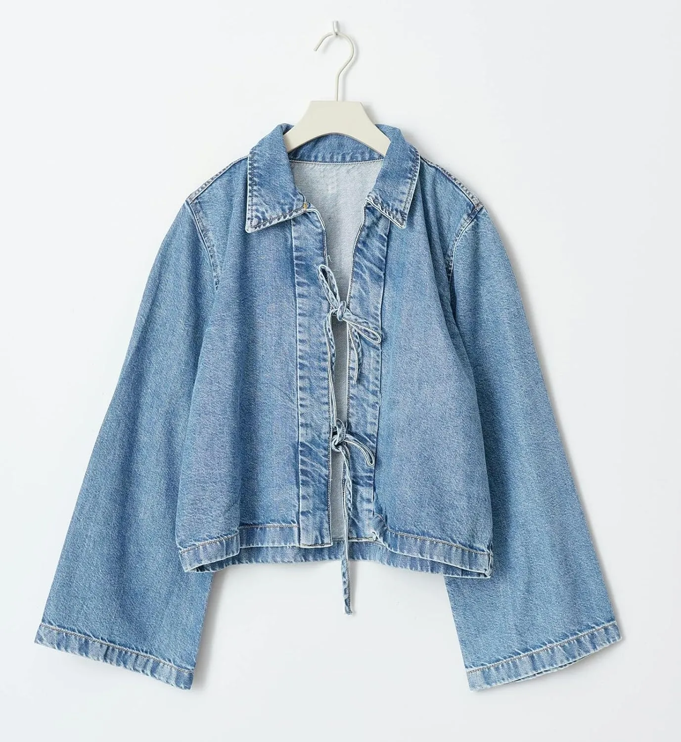Woman Casual Open Front Denim Jacket Long Sleeves Tie Up Jeans Shirt Vintage Lapel Neck Lightweight Denim Coat