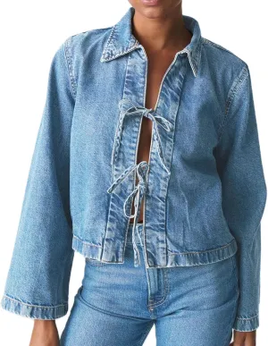 Woman Casual Open Front Denim Jacket Long Sleeves Tie Up Jeans Shirt Vintage Lapel Neck Lightweight Denim Coat