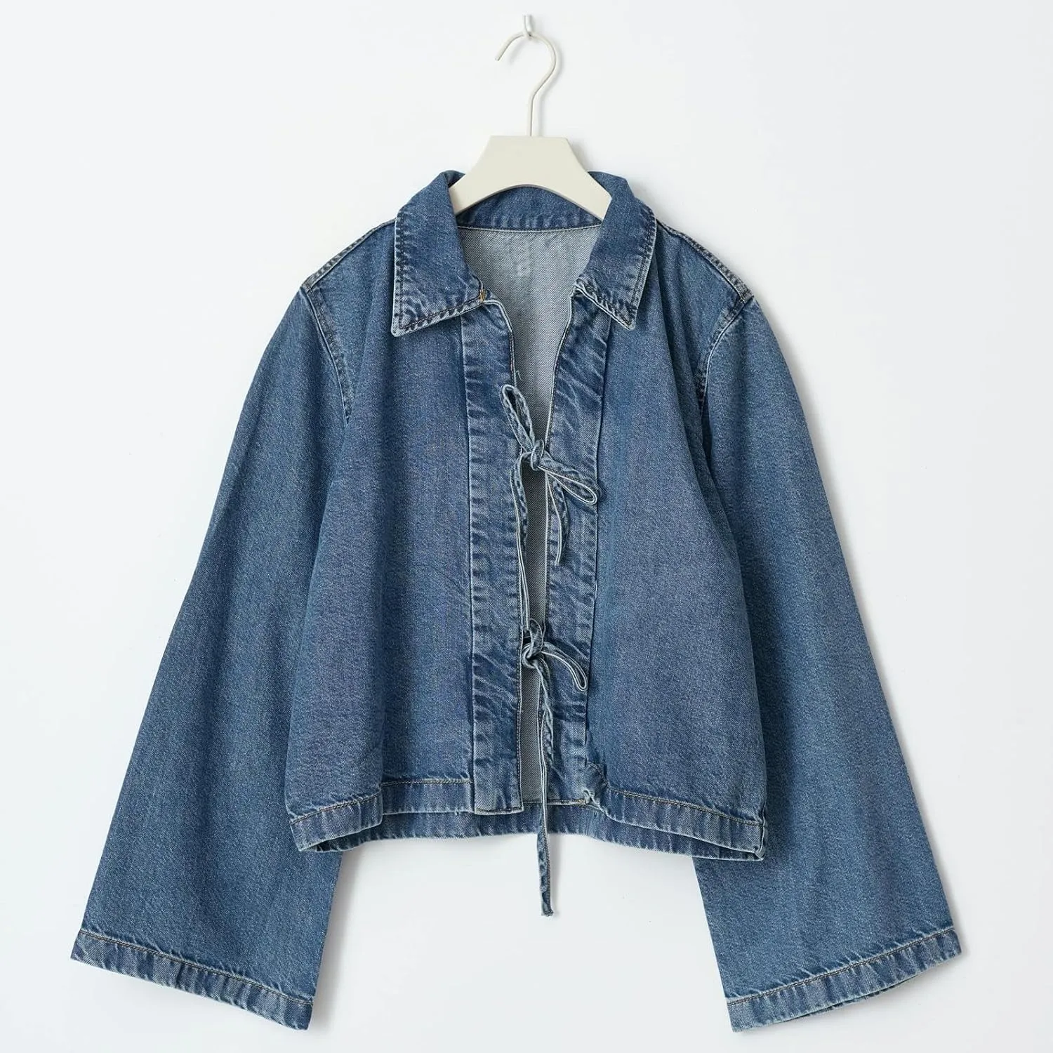 Woman Casual Open Front Denim Jacket Long Sleeves Tie Up Jeans Shirt Vintage Lapel Neck Lightweight Denim Coat