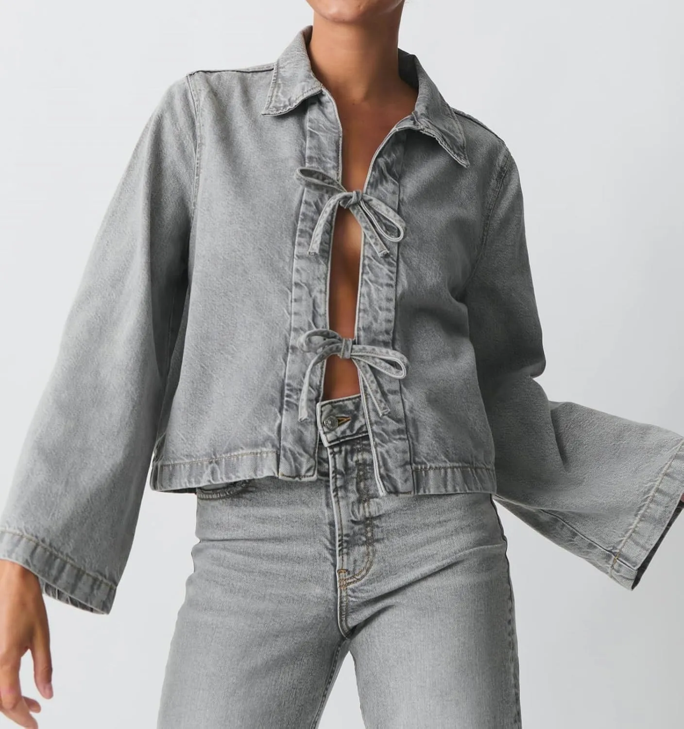 Woman Casual Open Front Denim Jacket Long Sleeves Tie Up Jeans Shirt Vintage Lapel Neck Lightweight Denim Coat