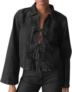 Woman Casual Open Front Denim Jacket Long Sleeves Tie Up Jeans Shirt Vintage Lapel Neck Lightweight Denim Coat